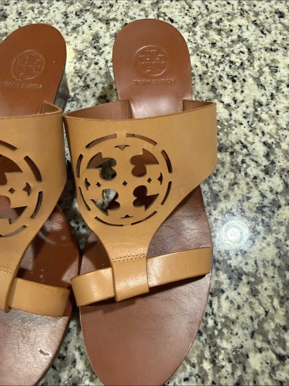 Tory Burch Cognac Tan Leather Cutout Logo Slide Sandals